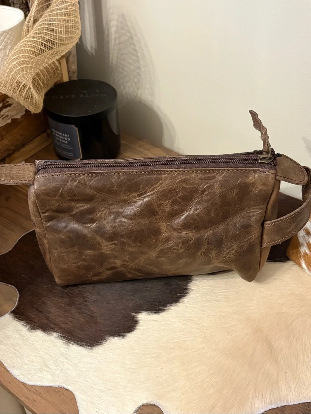 Hand-Tooled Floral Leather Toiletry Bag in Brown